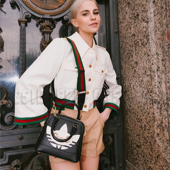 GUCCI black Leather Adidas X Gucci 1955 gold Horsebit Web Trefoil Mini Bag+box๐ - Picture 6 of 12